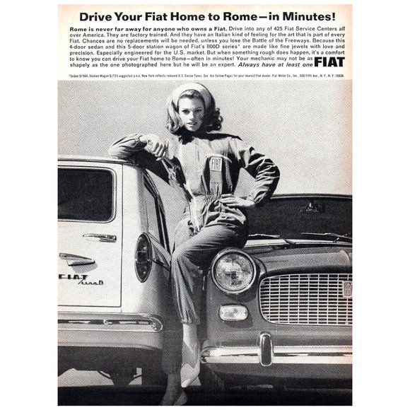 1966 Fiat 1100D Drive Your Fiat Home to Rome Vintage Print Ad Pretty Girl Model - Picture 1 of 1